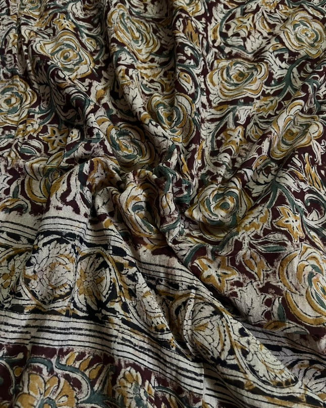 Traditional Kalamkari Unstitched 3PC Dress Material in Green Colour | Cotton Ethnic Fabric