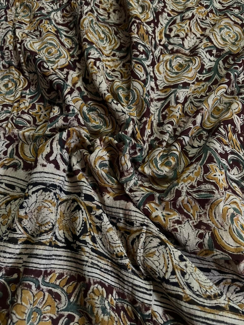 Traditional Kalamkari Unstitched 3PC Dress Material in Green Colour | Cotton Ethnic Fabric