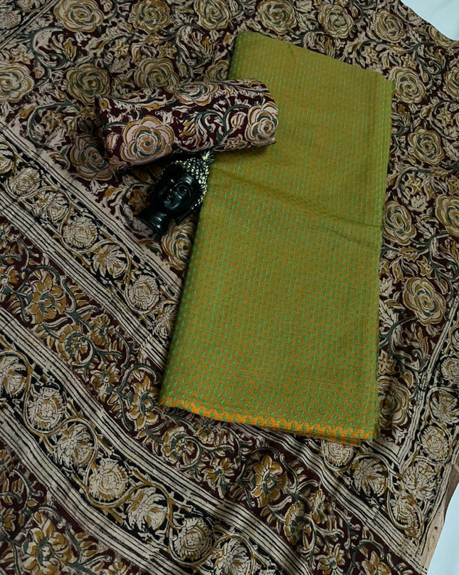 Traditional Kalamkari Unstitched 3PC Dress Material in Green Colour | Cotton Ethnic Fabric
