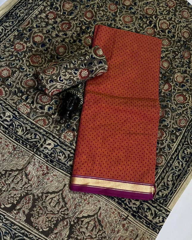 Traditional Kalamkari Unstitched 3PC Dress Material in Orange Colour | Cotton Ethnic Fabric