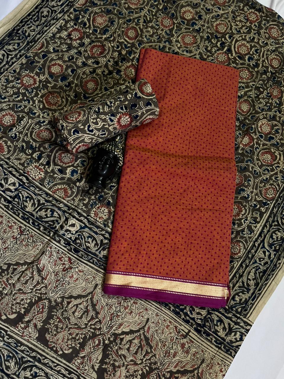 Traditional Kalamkari Unstitched 3PC Dress Material in Orange Colour | Cotton Ethnic Fabric