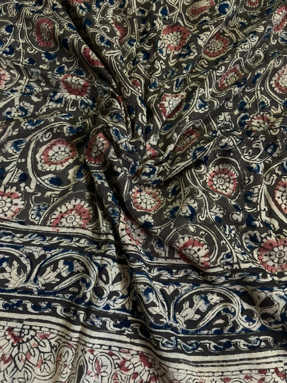 Traditional Kalamkari Unstitched 3PC Dress Material in Orange Colour | Cotton Ethnic Fabric