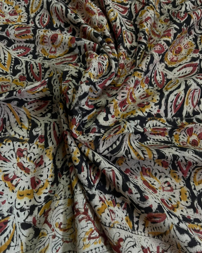 Traditional Kalamkari Unstitched 3PC Dress Material in Redish Yellow Colour | Cotton Ethnic Fabric
