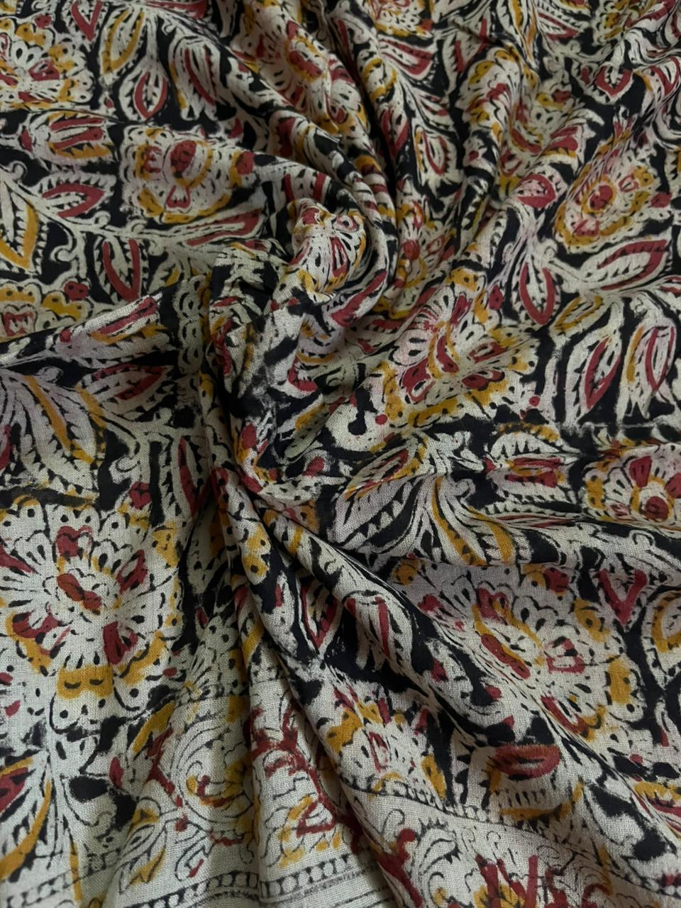Traditional Kalamkari Unstitched 3PC Dress Material in Redish Yellow Colour | Cotton Ethnic Fabric