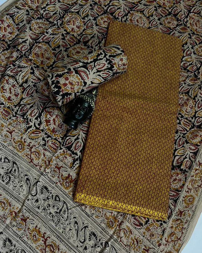 Traditional Kalamkari Unstitched 3PC Dress Material in Redish Yellow Colour | Cotton Ethnic Fabric