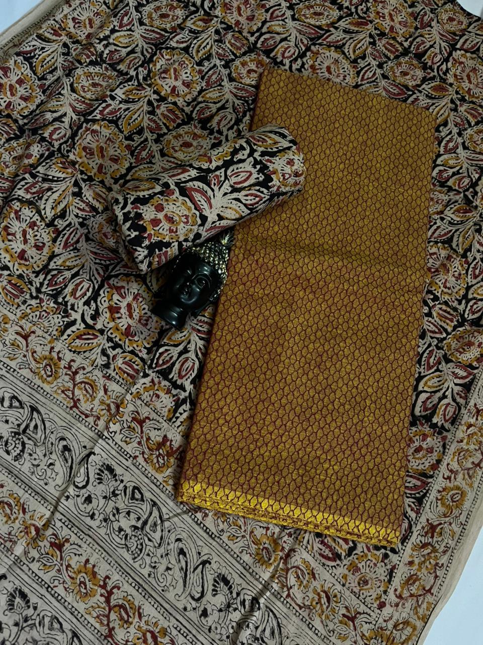 Traditional Kalamkari Unstitched 3PC Dress Material in Redish Yellow Colour | Cotton Ethnic Fabric