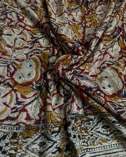 Traditional Kalamkari Unstitched 3PC Dress Material in Black Orange Colour | Cotton Ethnic Fabric
