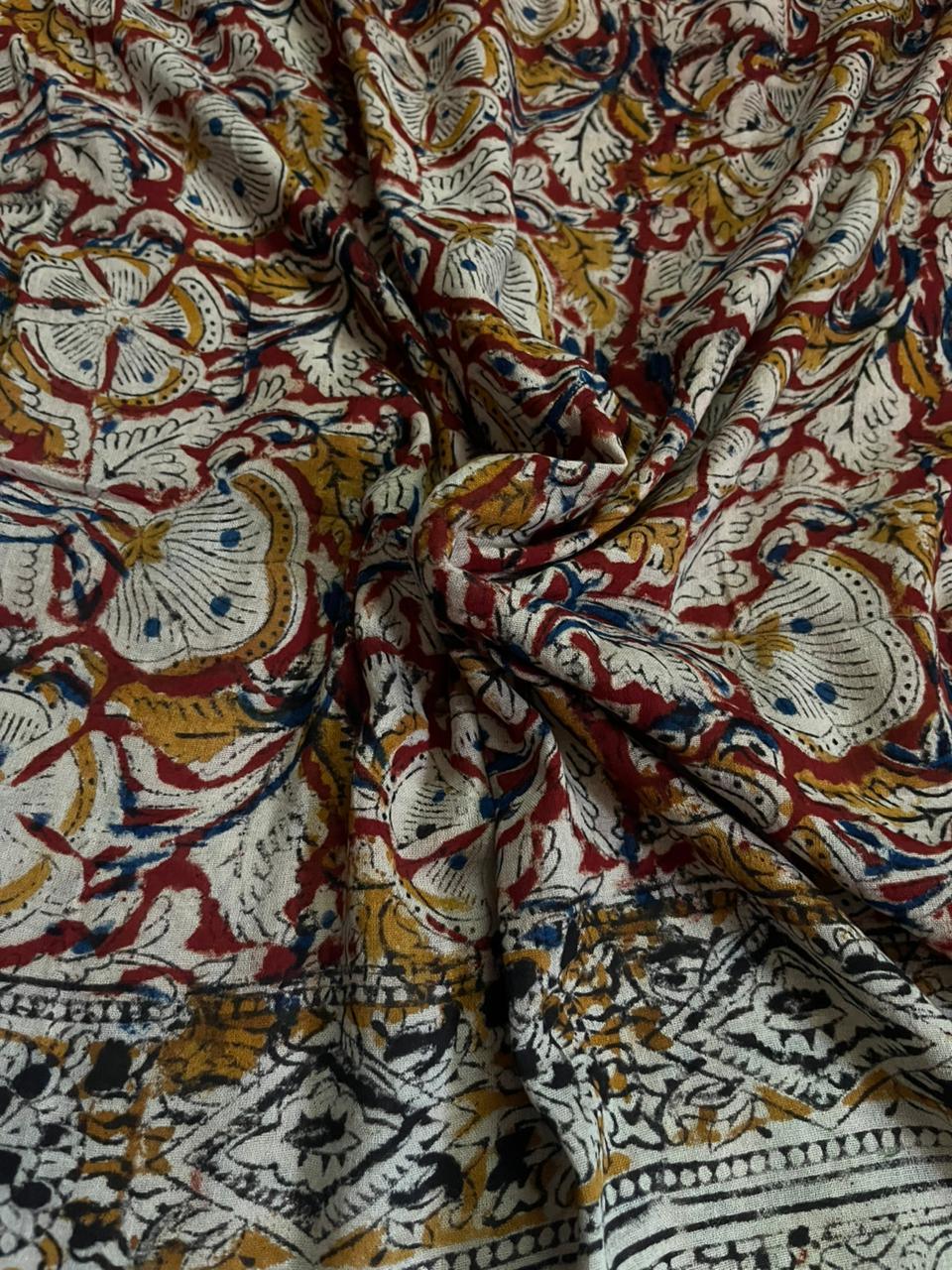 Traditional Kalamkari Unstitched 3PC Dress Material in Black Orange Colour | Cotton Ethnic Fabric