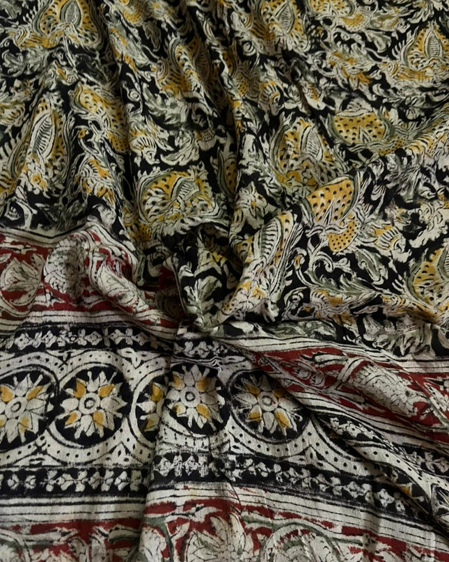 Traditional Kalamkari Unstitched 3PC Dress Material in Yellowish Green Colour | Cotton Ethnic Fabric