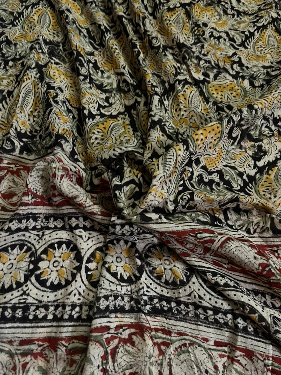 Traditional Kalamkari Unstitched 3PC Dress Material in Yellowish Green Colour | Cotton Ethnic Fabric