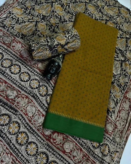 Traditional Kalamkari Unstitched 3PC Dress Material in Yellowish Green Colour | Cotton Ethnic Fabric