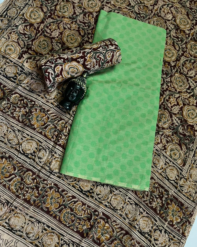 Traditional Kalamkari Unstitched 3PC Dress Material in Pista Green Colour | Cotton Ethnic Fabric
