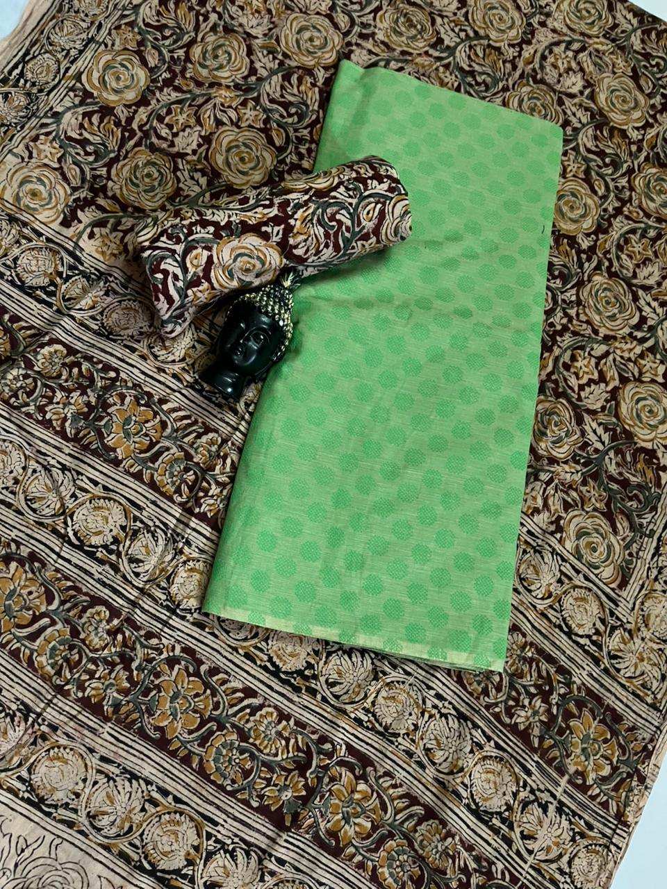 Traditional Kalamkari Unstitched 3PC Dress Material in Pista Green Colour | Cotton Ethnic Fabric