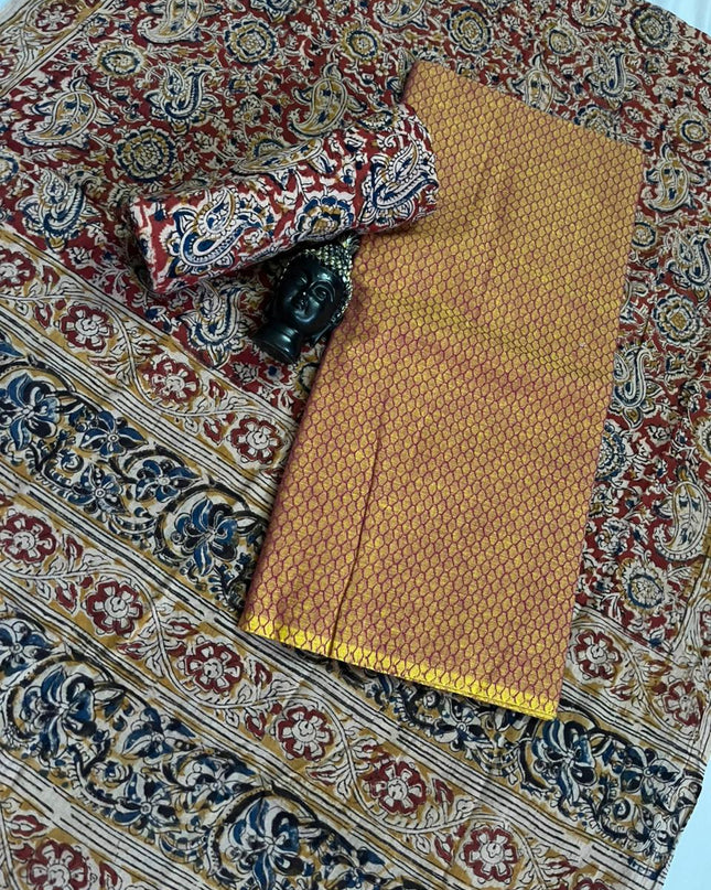 Traditional Kalamkari Unstitched 3PC Dress Material in Pinkish Yellow Colour | Cotton Ethnic Fabric