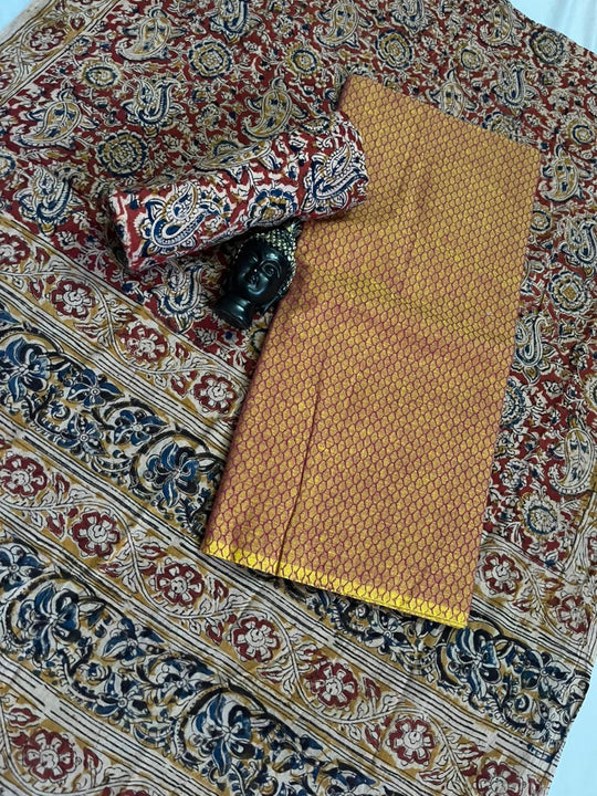 Traditional Kalamkari Unstitched 3PC Dress Material in Pinkish Yellow Colour | Cotton Ethnic Fabric