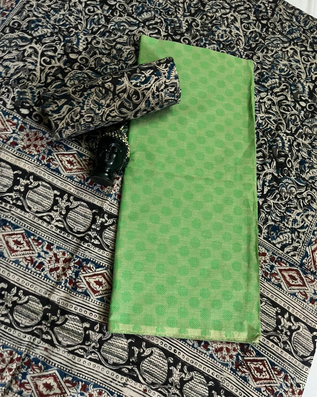 Traditional Kalamkari Unstitched 3PC Dress Material in Pista Green Colour | Cotton Ethnic Fabric