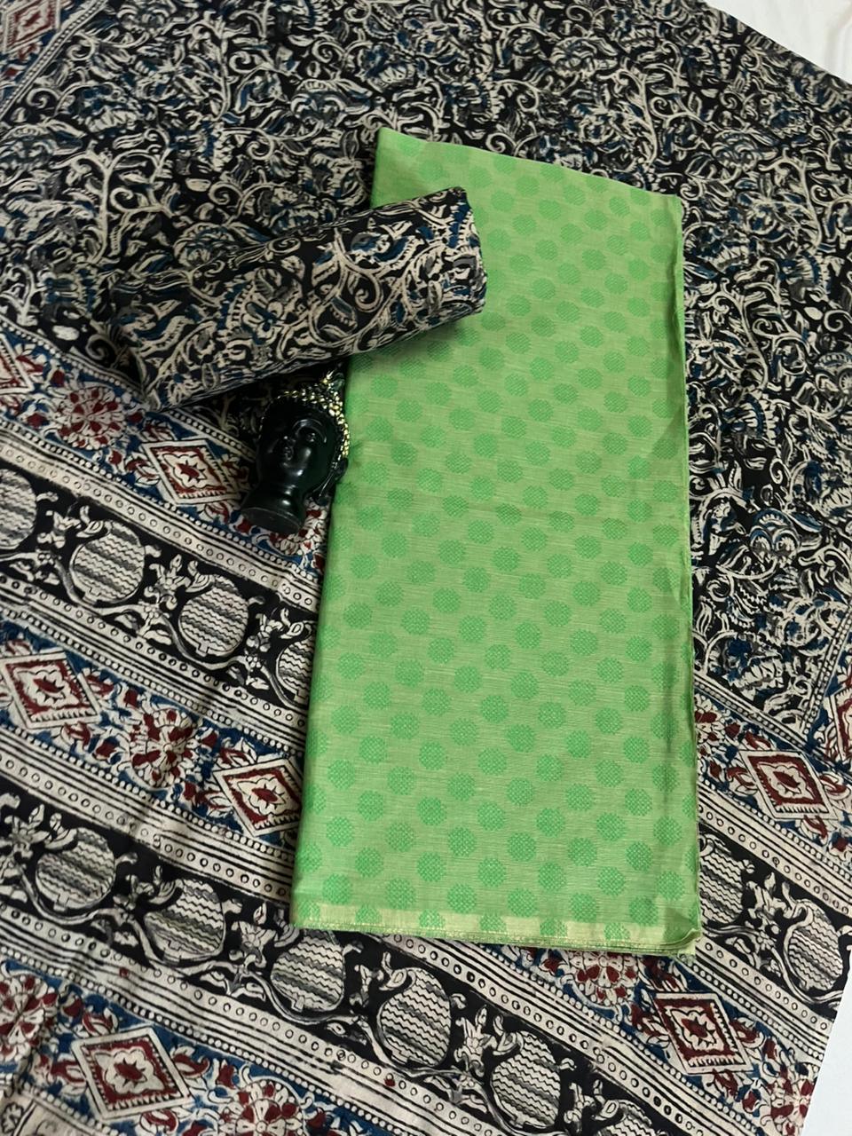 Traditional Kalamkari Unstitched 3PC Dress Material in Pista Green Colour | Cotton Ethnic Fabric