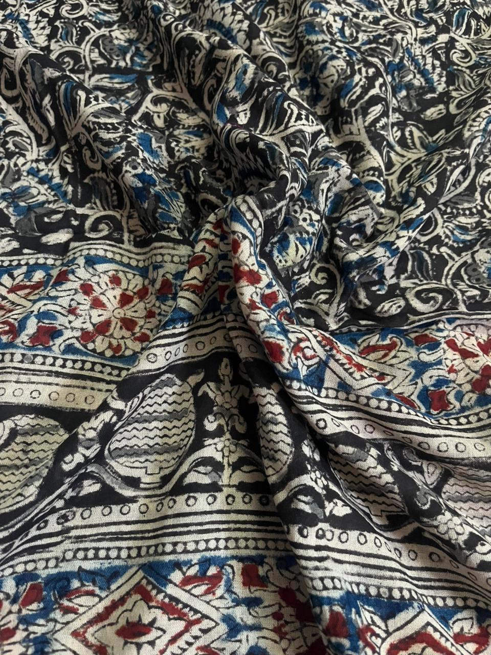 Traditional Kalamkari Unstitched 3PC Dress Material in Pista Green Colour | Cotton Ethnic Fabric