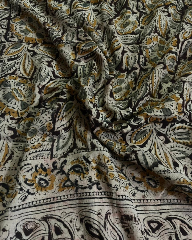 Traditional Kalamkari Unstitched 3PC Dress Material in Yellow Colour | Cotton Ethnic Fabric