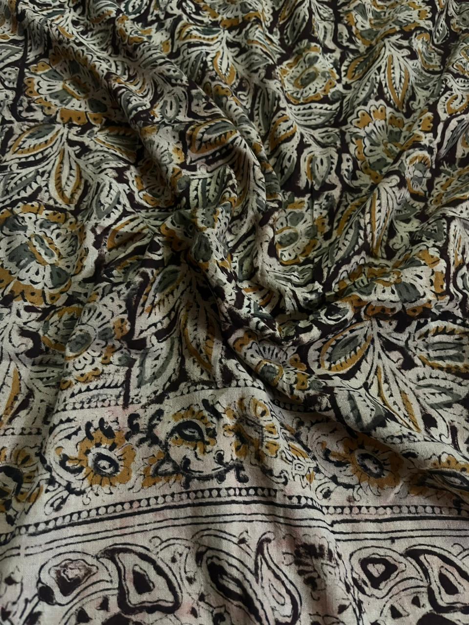 Traditional Kalamkari Unstitched 3PC Dress Material in Yellow Colour | Cotton Ethnic Fabric