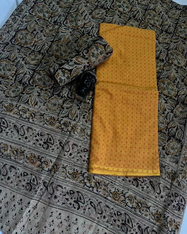 Traditional Kalamkari Unstitched 3PC Dress Material in Yellow Colour | Cotton Ethnic Fabric