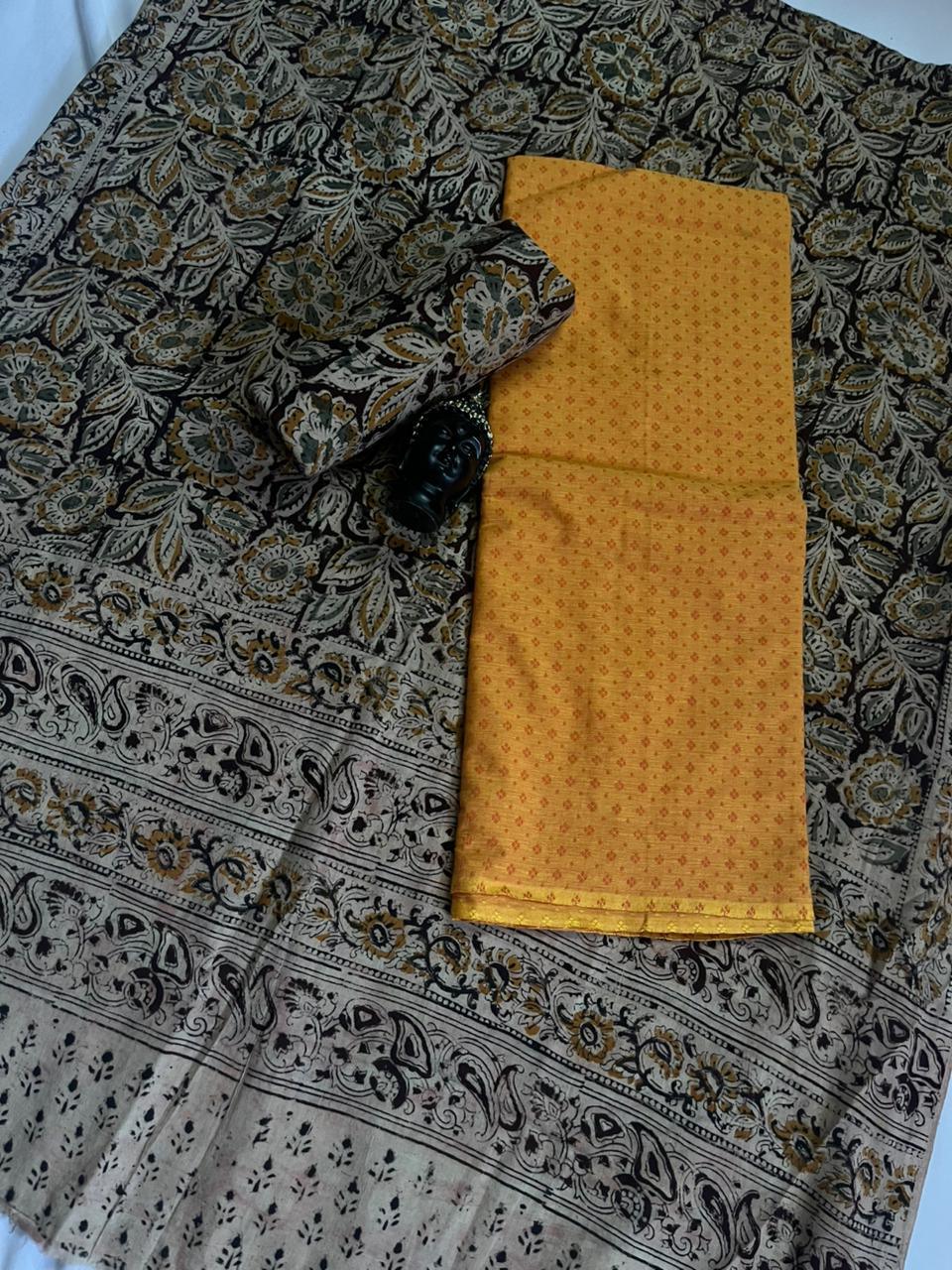 Traditional Kalamkari Unstitched 3PC Dress Material in Yellow Colour | Cotton Ethnic Fabric