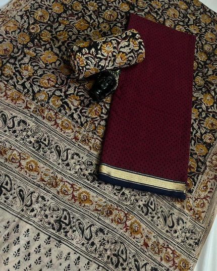Traditional Kalamkari Unstitched 3PC Dress Material in Dark Red Colour | Cotton Ethnic Fabric