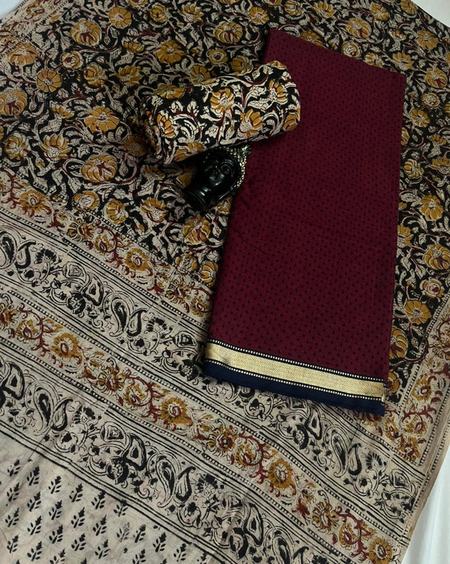 Traditional Kalamkari Unstitched 3PC Dress Material in Dark Red Colour | Cotton Ethnic Fabric