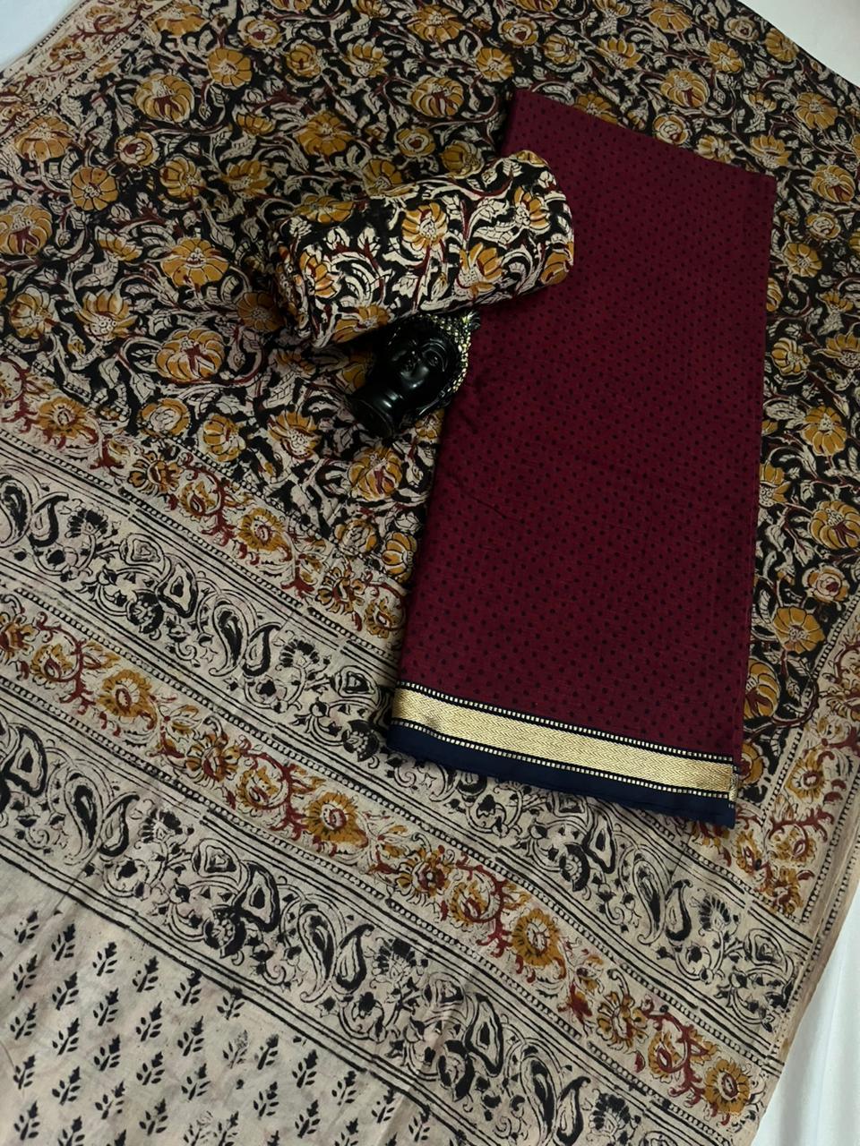 Traditional Kalamkari Unstitched 3PC Dress Material in Dark Red Colour | Cotton Ethnic Fabric