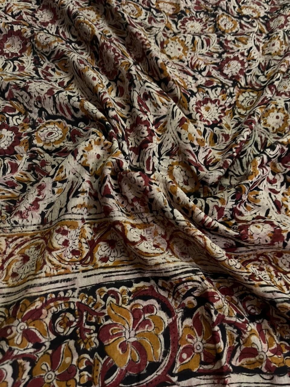 Traditional Kalamkari Unstitched 3PC Dress Material in Maroon Colour | Cotton Ethnic Fabric