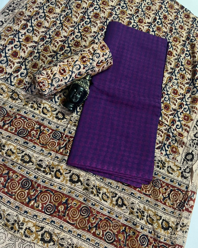 Traditional Kalamkari Unstitched 3PC Dress Material in Purple Colour | Cotton Ethnic Fabric