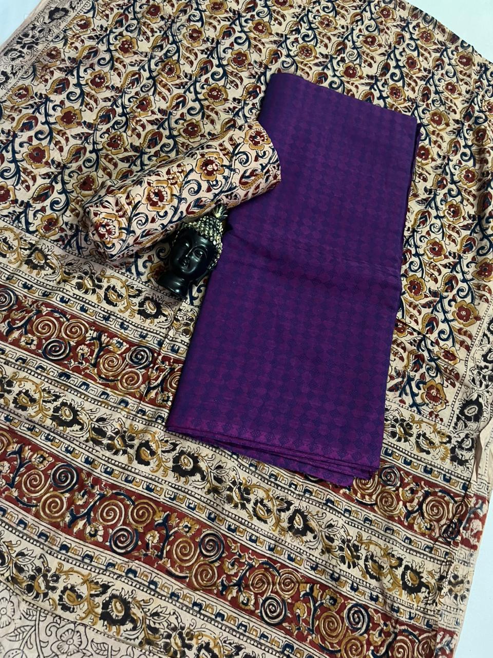 Traditional Kalamkari Unstitched 3PC Dress Material in Purple Colour | Cotton Ethnic Fabric