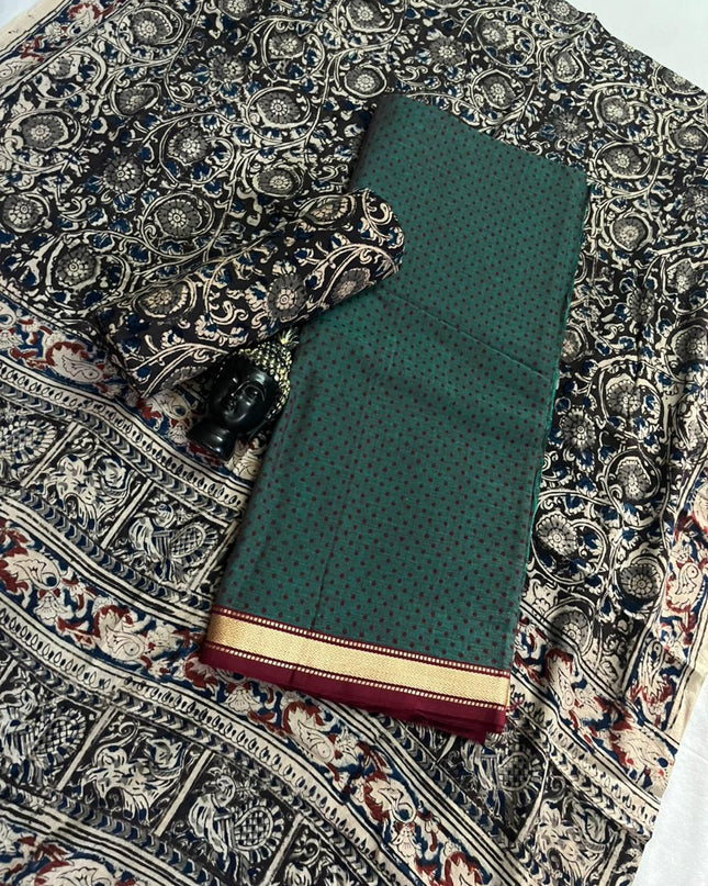Traditional Kalamkari Unstitched 3PC Dress Material in Sea Green Colour | Cotton Ethnic Fabric