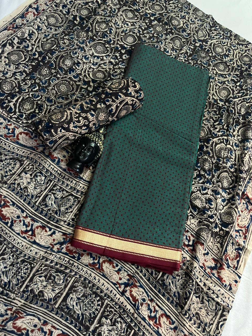 Traditional Kalamkari Unstitched 3PC Dress Material in Sea Green Colour | Cotton Ethnic Fabric