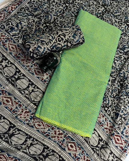 Traditional Kalamkari Unstitched 3PC Dress Material in Pista Green Colour | Cotton Ethnic Fabric