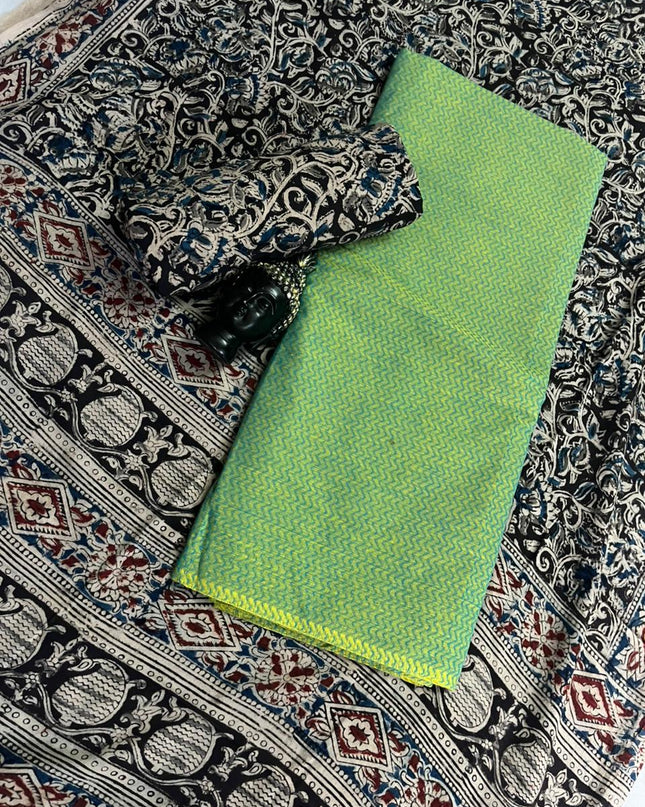 Traditional Kalamkari Unstitched 3PC Dress Material in Pista Green Colour | Cotton Ethnic Fabric