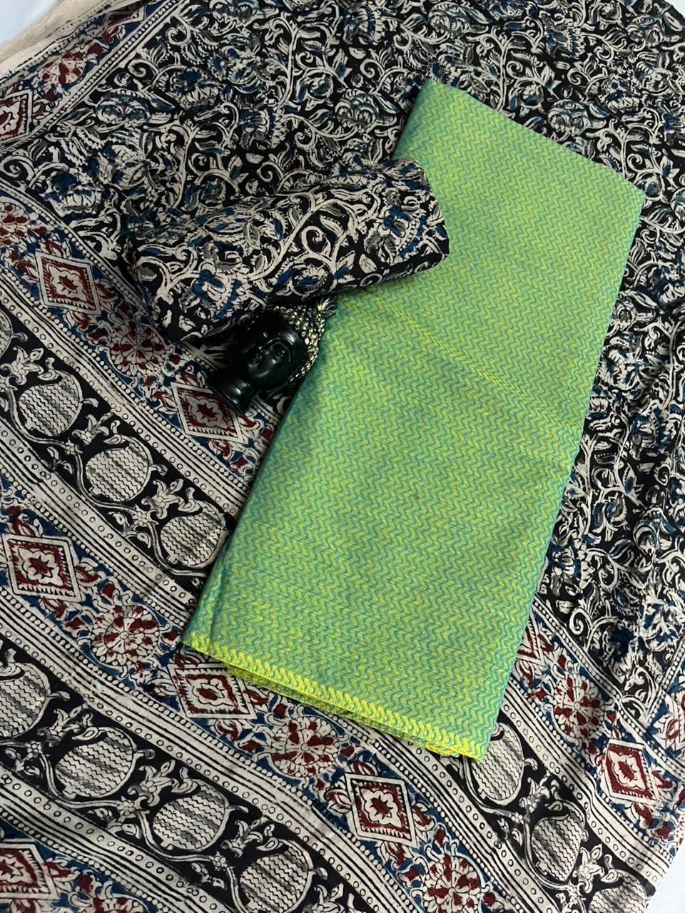 Traditional Kalamkari Unstitched 3PC Dress Material in Pista Green Colour | Cotton Ethnic Fabric