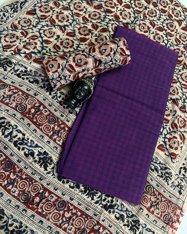 Traditional Kalamkari Unstitched 3PC Dress Material in Purple Colour | Cotton Ethnic Fabric