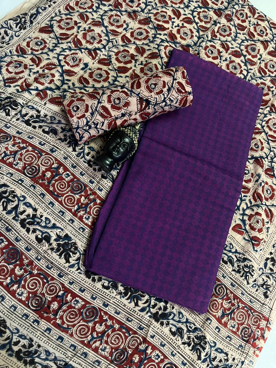 Traditional Kalamkari Unstitched 3PC Dress Material in Purple Colour | Cotton Ethnic Fabric