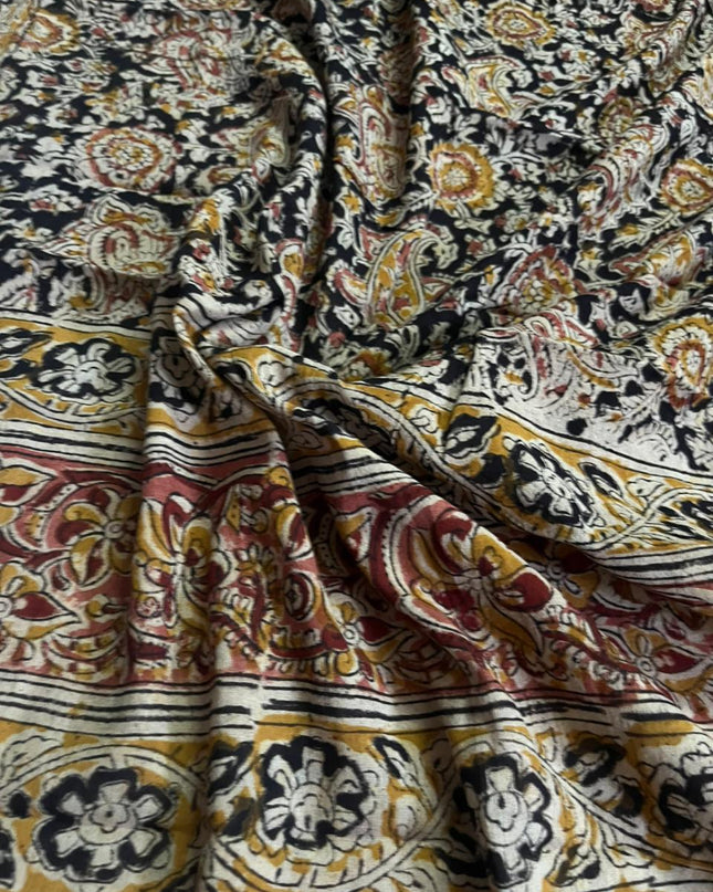 Traditional Kalamkari Unstitched 3PC Dress Material in Yellow Colour | Cotton Ethnic Fabric
