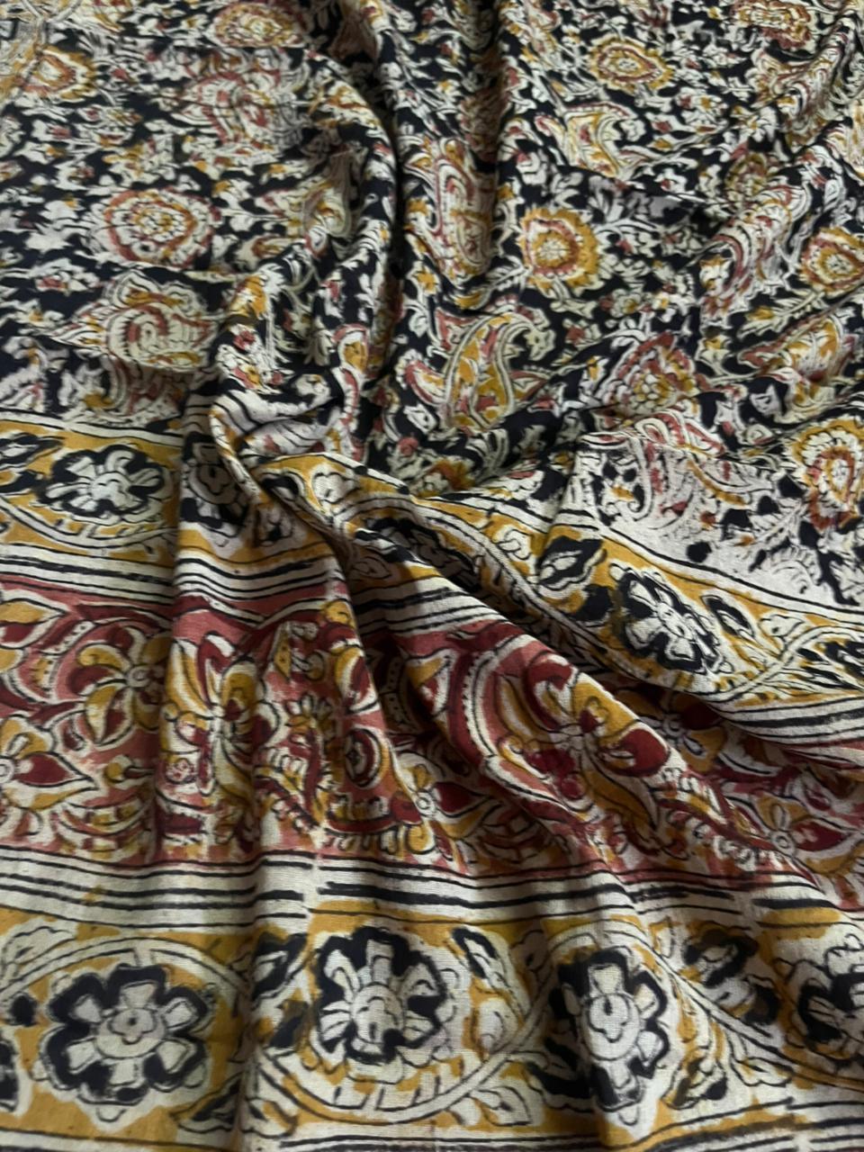 Traditional Kalamkari Unstitched 3PC Dress Material in Yellow Colour | Cotton Ethnic Fabric