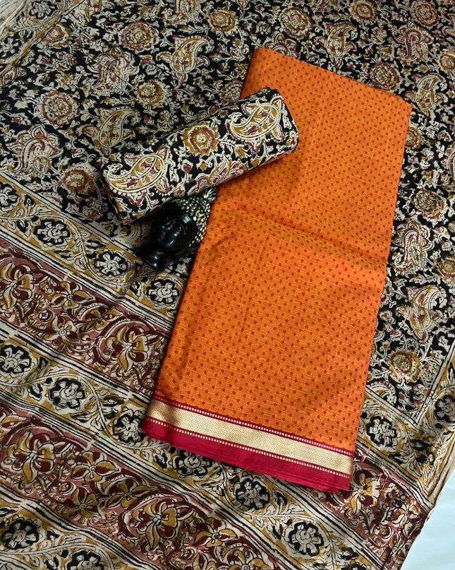 Traditional Kalamkari Unstitched 3PC Dress Material in Yellow Colour | Cotton Ethnic Fabric