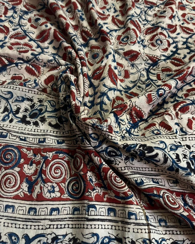 Traditional Kalamkari Unstitched 3PC Dress Material in Navy Blue & Purple Colour | Cotton Ethnic Fabric