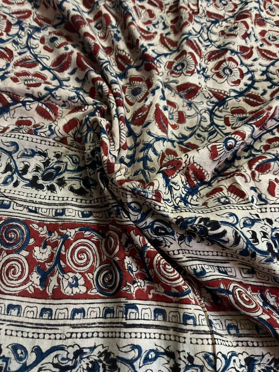 Traditional Kalamkari Unstitched 3PC Dress Material in Navy Blue & Purple Colour | Cotton Ethnic Fabric