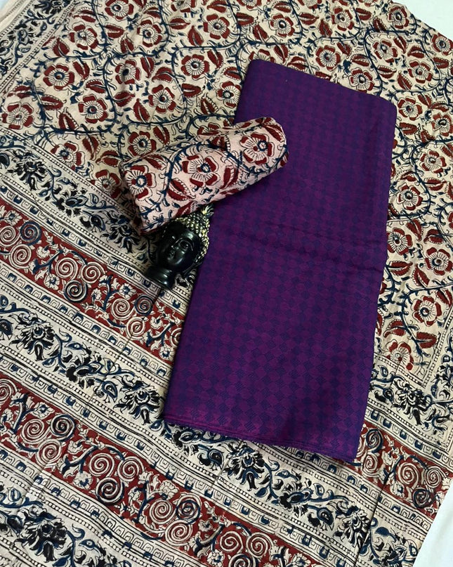 Traditional Kalamkari Unstitched 3PC Dress Material in Navy Blue & Purple Colour | Cotton Ethnic Fabric