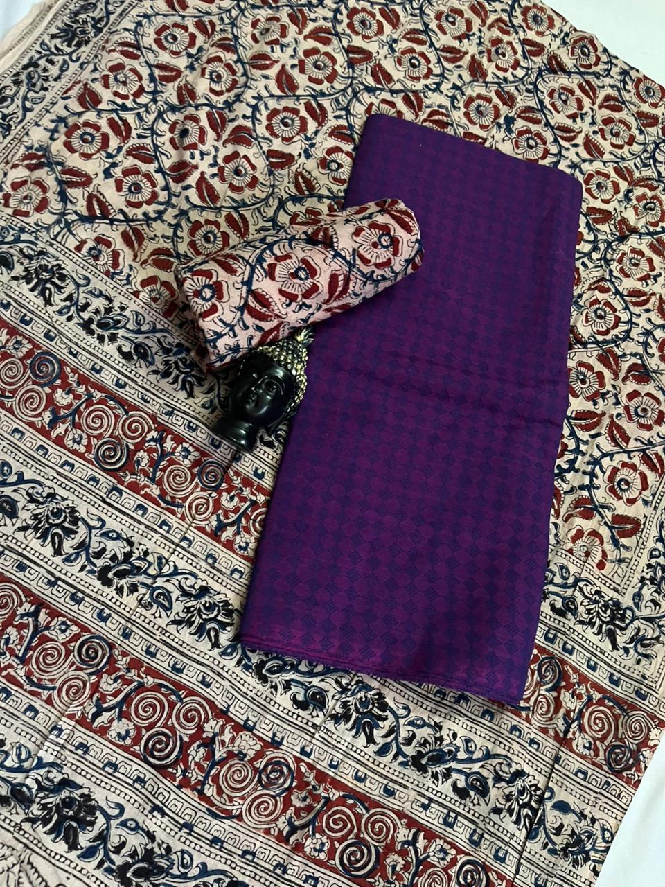 Traditional Kalamkari Unstitched 3PC Dress Material in Navy Blue & Purple Colour | Cotton Ethnic Fabric