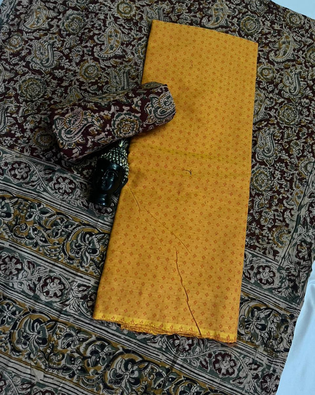 Traditional Kalamkari Unstitched 3PC Dress Material in Yellow Colour | Cotton Ethnic Fabric