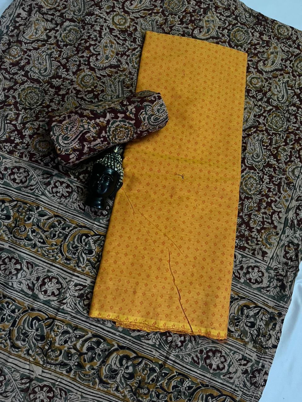 Traditional Kalamkari Unstitched 3PC Dress Material in Yellow Colour | Cotton Ethnic Fabric