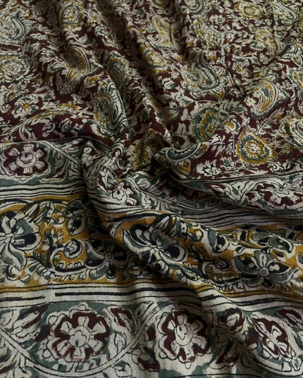 Traditional Kalamkari Unstitched 3PC Dress Material in Yellow Colour | Cotton Ethnic Fabric