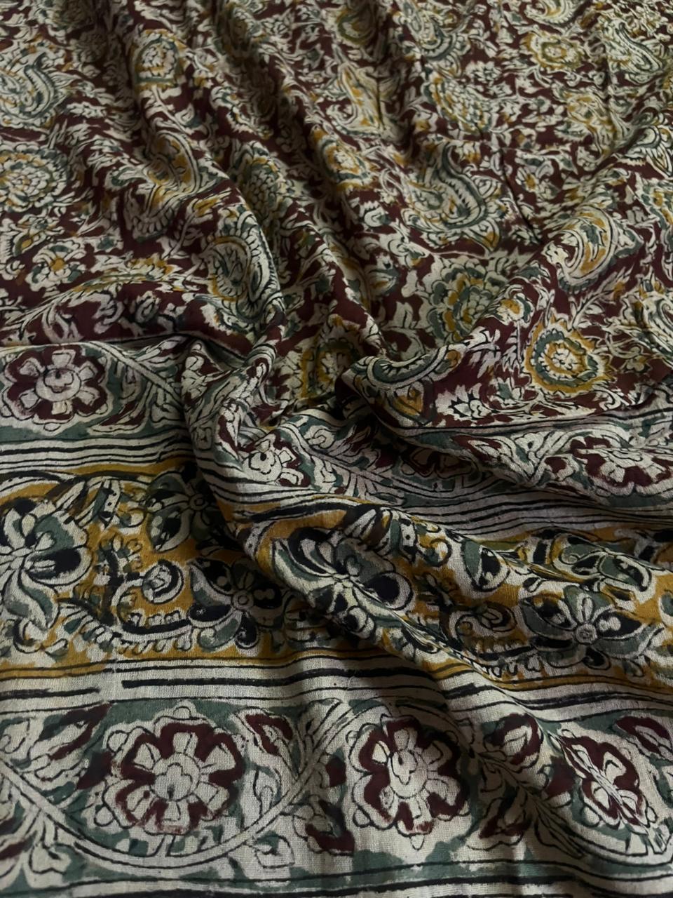 Traditional Kalamkari Unstitched 3PC Dress Material in Yellow Colour | Cotton Ethnic Fabric